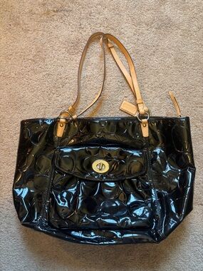 Coach Leah black Patent Tote with Tan Shoulder Straps